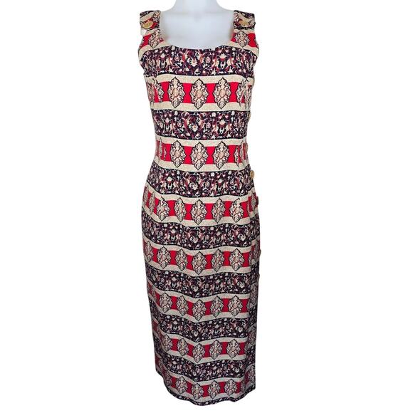 Santa Fe by Jim Tremblay Red Tan Side Buttons Lined Maxi Dress Women's 10 - Picture 1 of 6